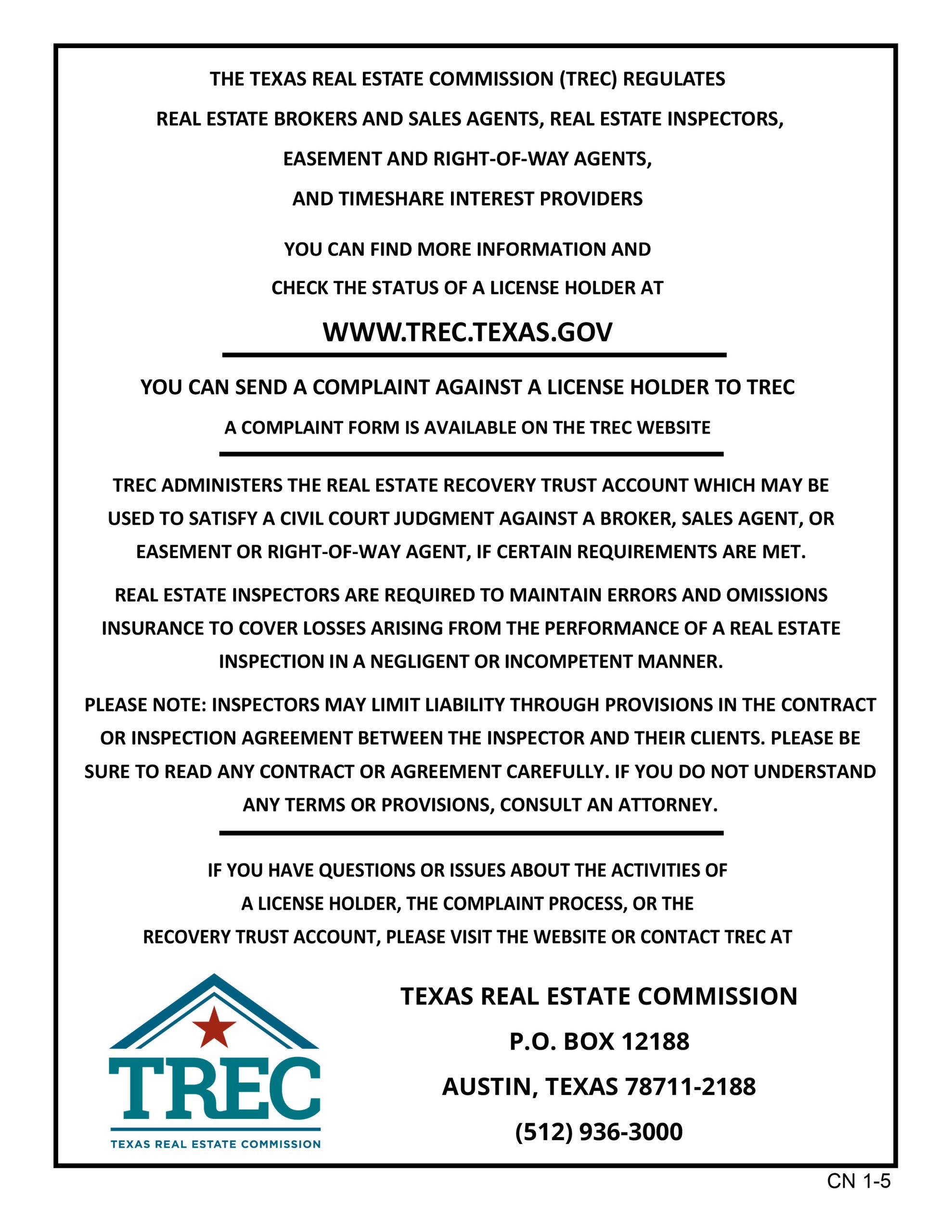 Texas Real Estate Commission Consumer Protection Notice CN 1-5